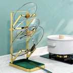 "Elegant 3-Tier Pot Lid Holder"with Drip Tray - Gold Finish