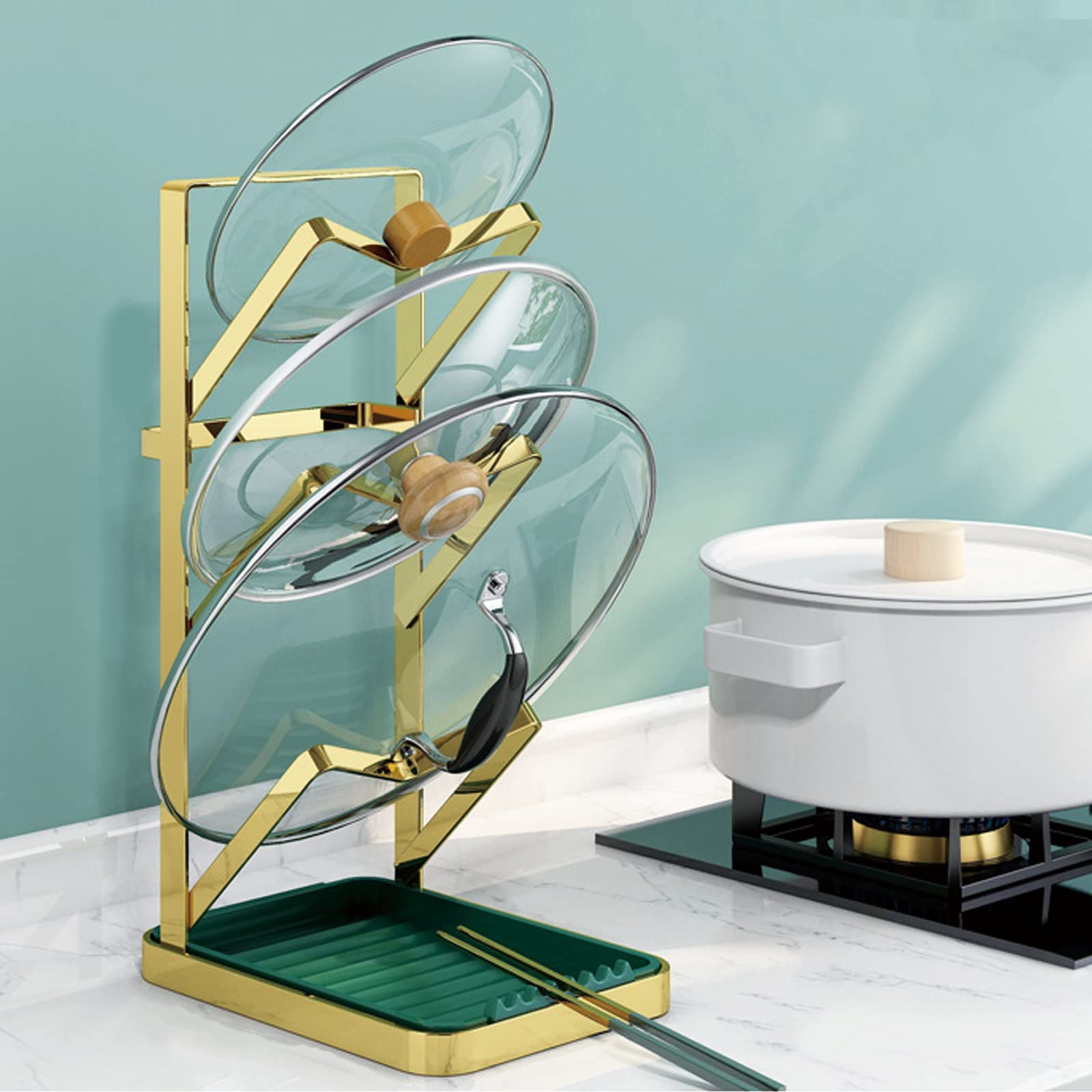 "Elegant 3-Tier Pot Lid Holder"with Drip Tray - Gold Finish