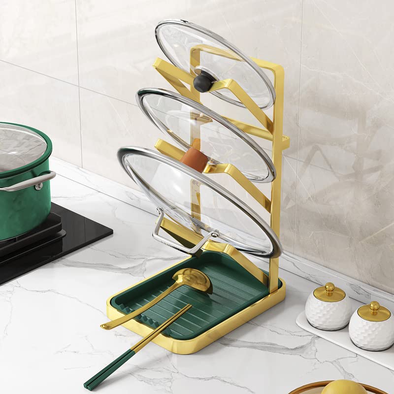 "Elegant 3-Tier Pot Lid Holder"with Drip Tray - Gold Finish