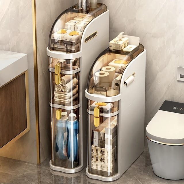Bathroom Storage Tower with Clear Acrylic Containers and Dispenser