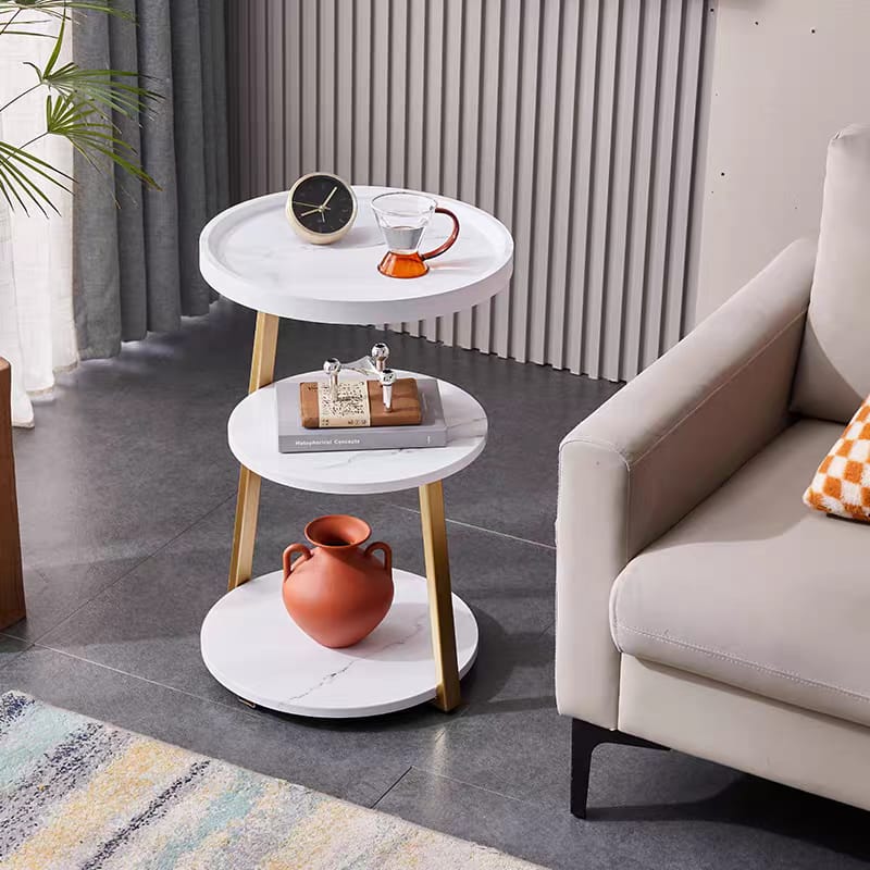 Modern Two-Tiered Wooden Side Table with Gold Accents