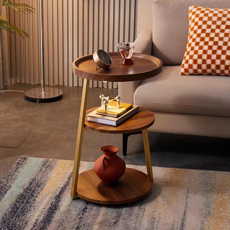 Modern Two-Tiered Wooden Side Table with Gold Accents